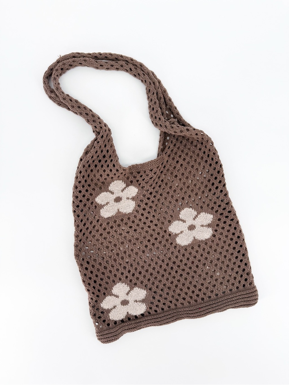 Crochet Daisy Tote Bag Boho Market Bag Brown & Cream